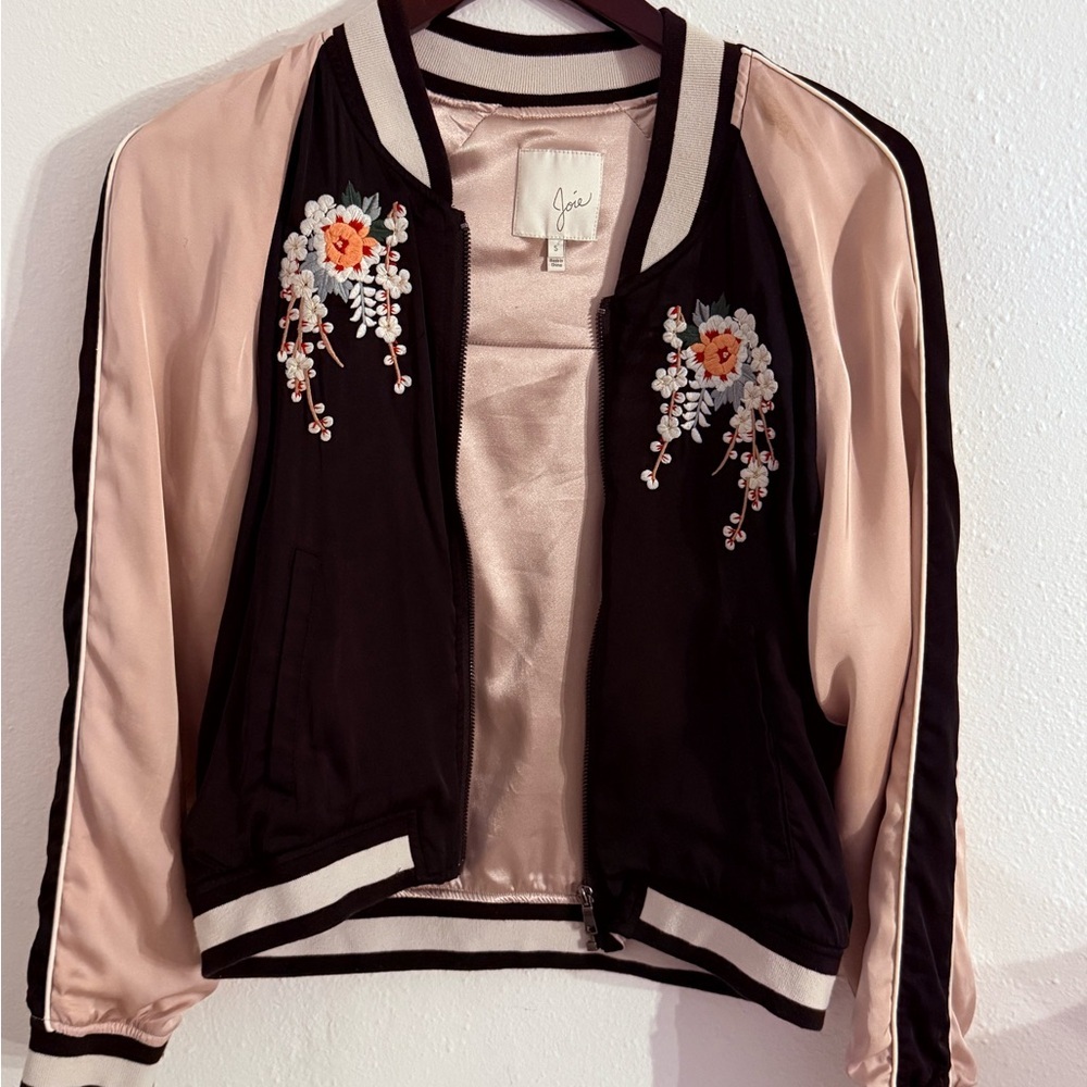 Joie Floral Embroidered Black and Pink Bomber Jacket - Picture 3 of 12